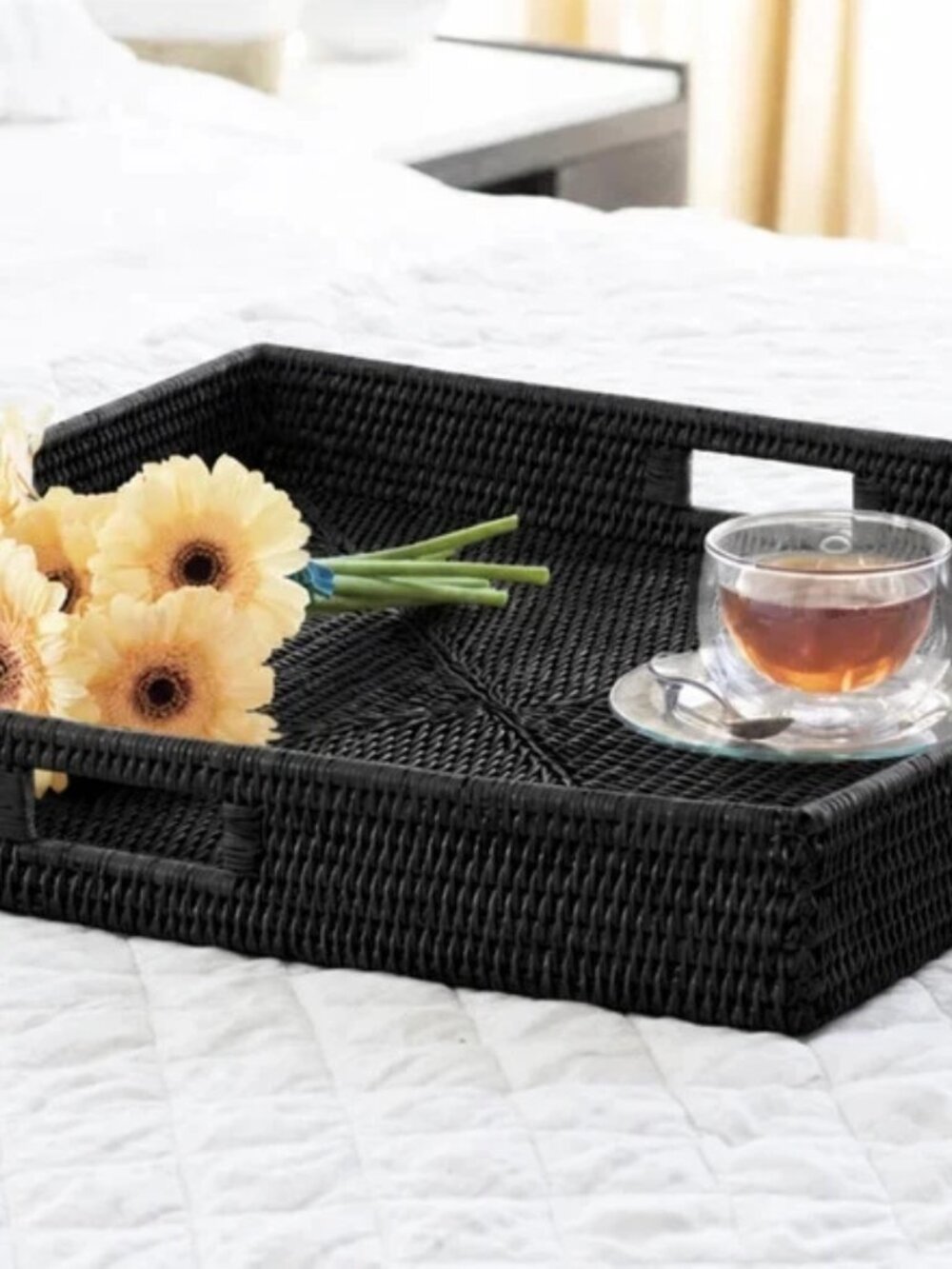 Artifacts Trading Co Rattan Square Ottoman Tray 20x20 Cutout Handles Tudor Black